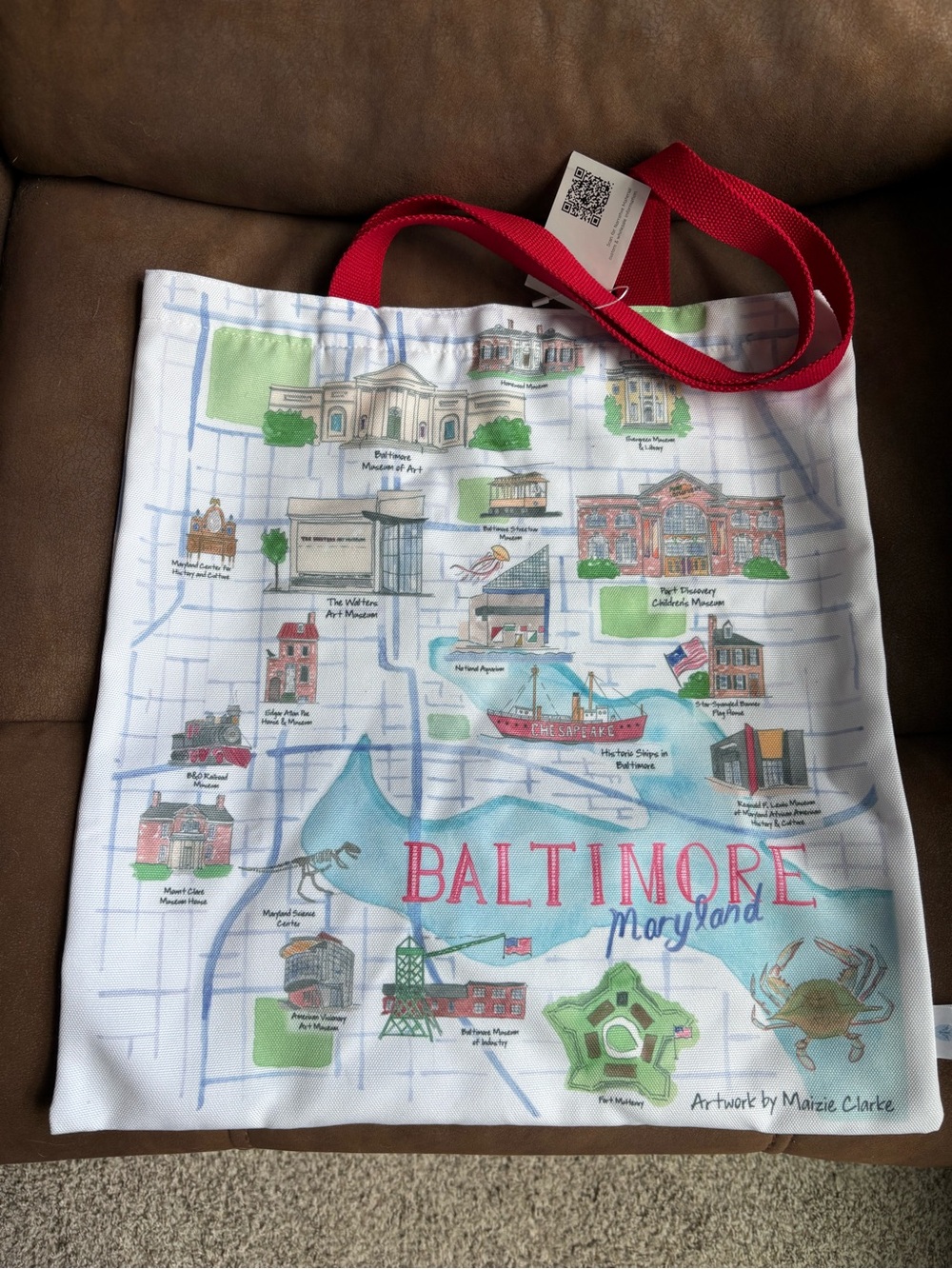 Baltimore Maryland Watercolor Custom Art Tote with Red Handles NWT
